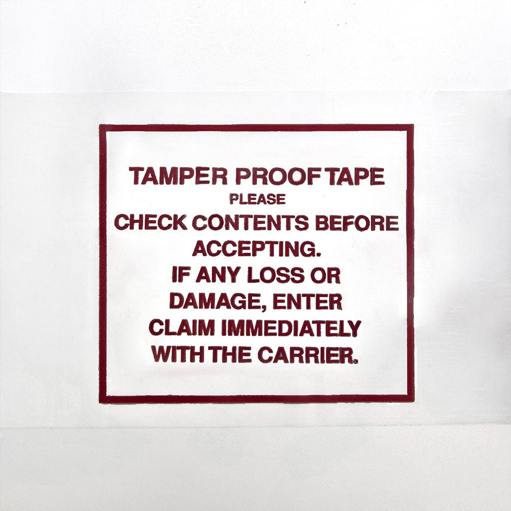 Burgundy Text on a white background warning about tamper-proof tape and content check.