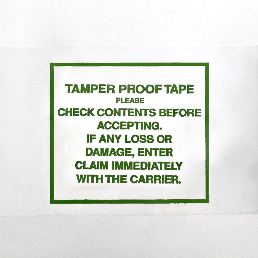 Green Text on a white background warning about tamper-proof tape and content check.