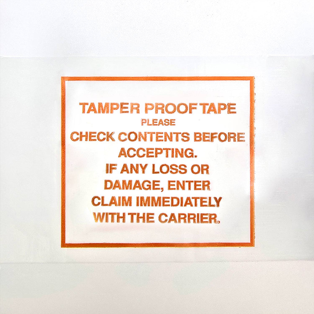 Orange Text on a white background warning about tamper-proof tape and content check.