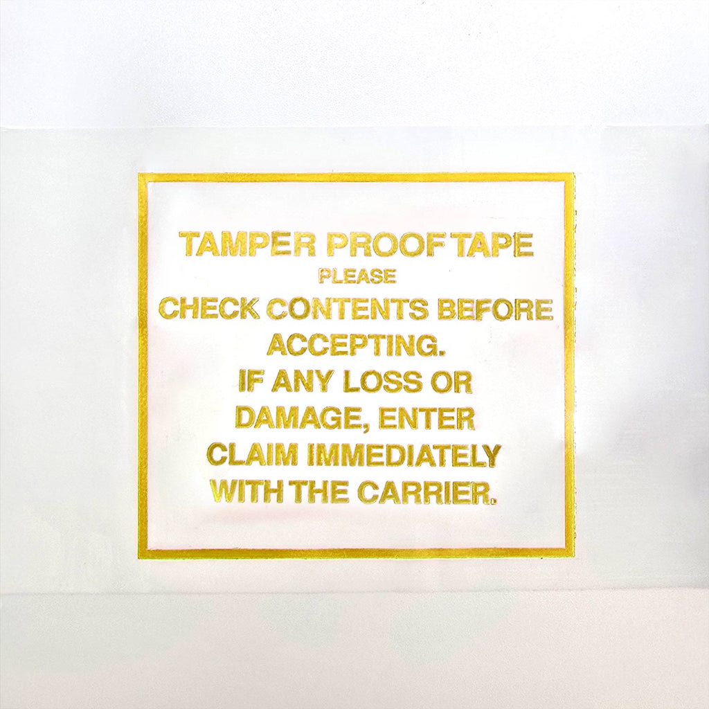 Yellow Text on a white background warning about tamper-proof tape and content check.
