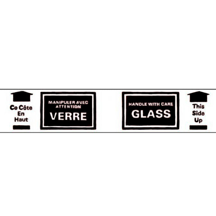 Glass handling label with text in multiple languages on a white background