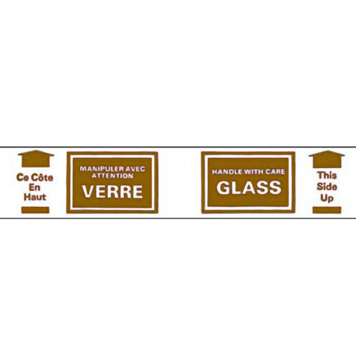 Brown Multilingual warning label for glass packaging on a white background