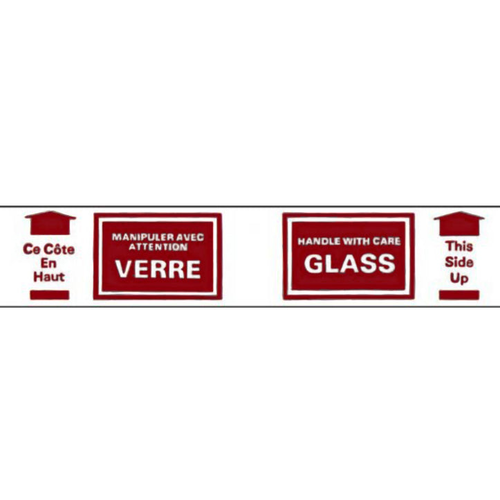 Burgundy Glass handling label with text in multiple languages on a white background