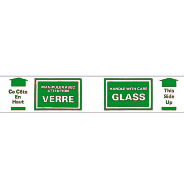green Multilingual label for glass packaging with text in French and English.