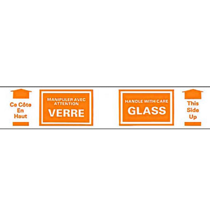 orange Multilingual warning label for glass with text in French and English on a white background.