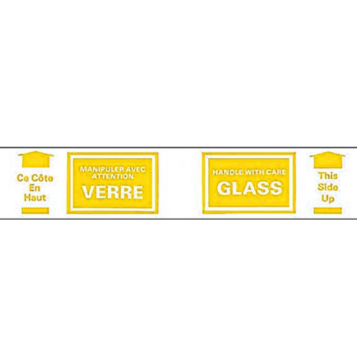 yellow Multilingual warning label for glass with text in French and English, on a white background.