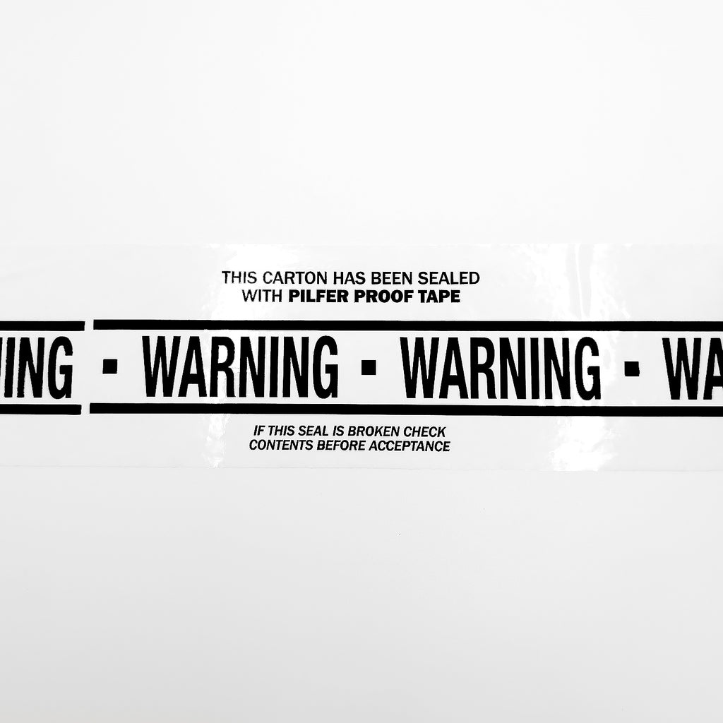 white tape with black messaging saying: this carton has been sealed with pilfer proof tape, warning, if this seal is broken check contents before acceptance
