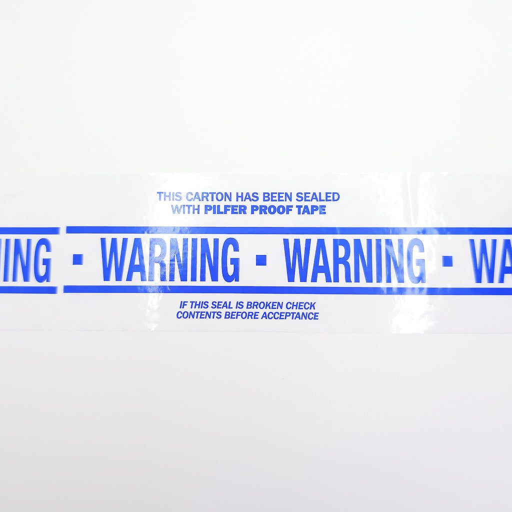 white tape with blue messaging saying: this carton has been sealed with pilfer proof tape, warning, if this seal is broken check contents before acceptance