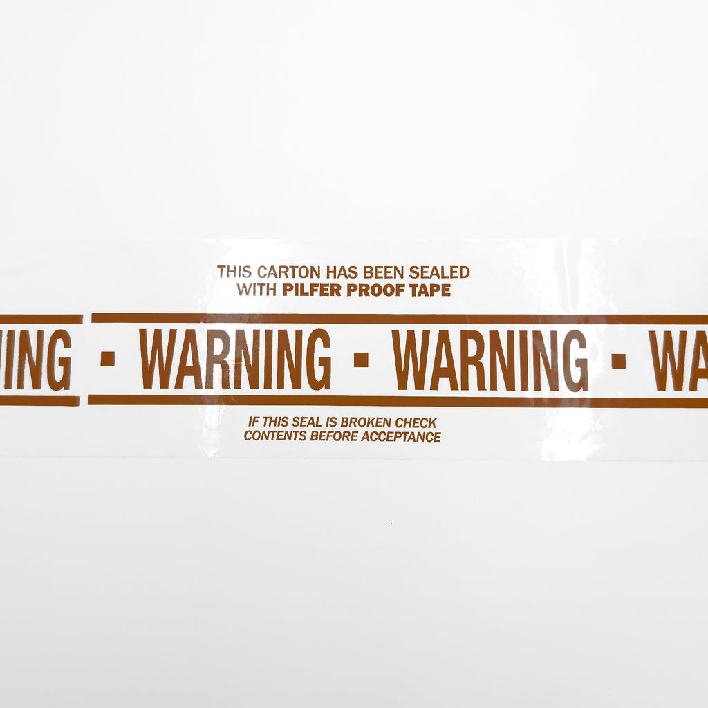 white tape with brown messaging saying: this carton has been sealed with pilfer proof tape, warning, if this seal is broken check contents before acceptance