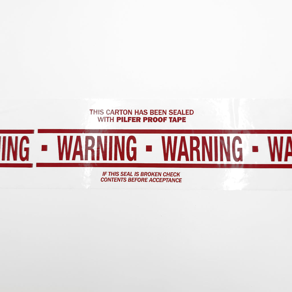 white tape with burgundy messaging saying: this carton has been sealed with pilfer proof tape, warning, if this seal is broken check contents before acceptance