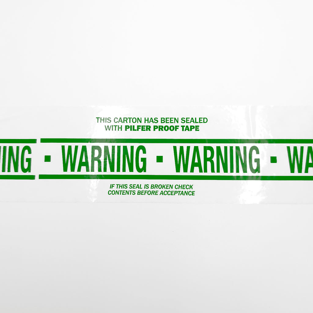 white tape with green messaging saying: this carton has been sealed with pilfer proof tape, warning, if this seal is broken check contents before acceptance