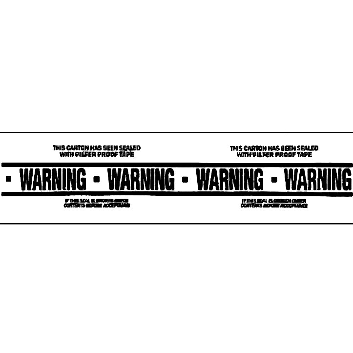 A roll of white packing tape with black text and warning labels indicating that the seal should not be broken.