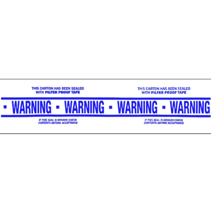 A roll of white packing tape with blue text and warning labels indicating that the seal should not be broken.