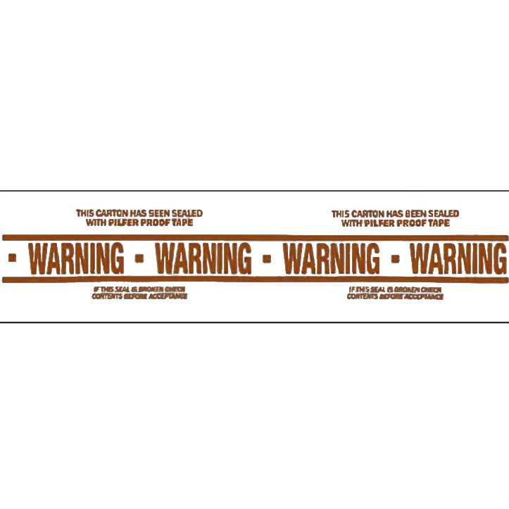 A roll of white packing tape with brown text and warning labels indicating that the seal should not be broken.