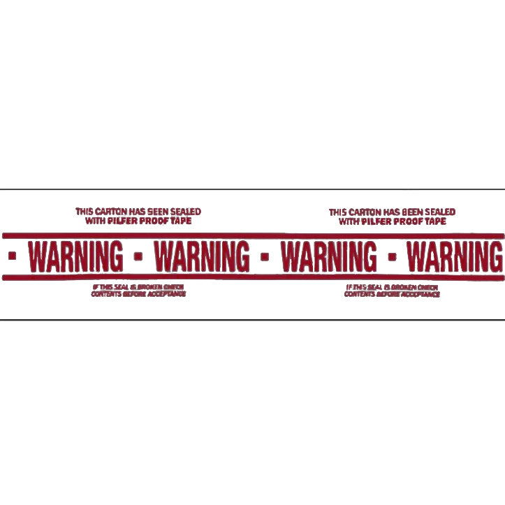 A roll of white packing tape with burgundy text and warning labels indicating that the seal should not be broken.