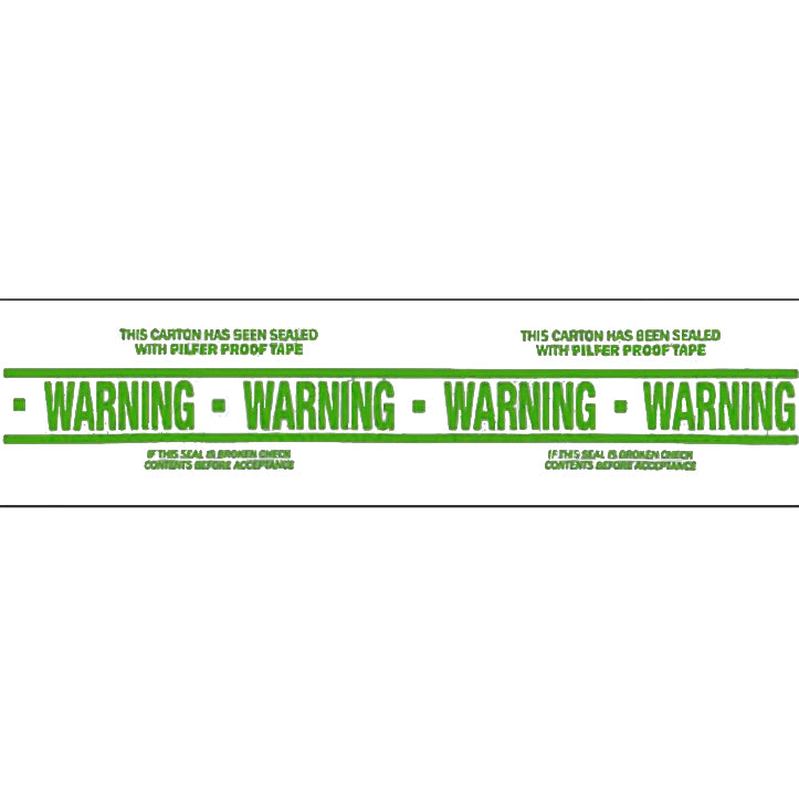 A roll of white packing tape with green text and warning labels indicating that the seal should not be broken.