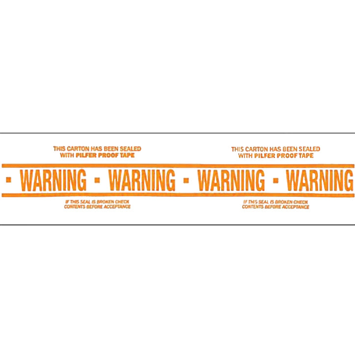 A roll of white packing tape with orange text and warning labels indicating that the seal should not be broken.