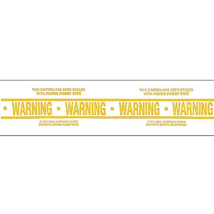 A roll of white packing tape with yellow text and warning labels indicating that the seal should not be broken.