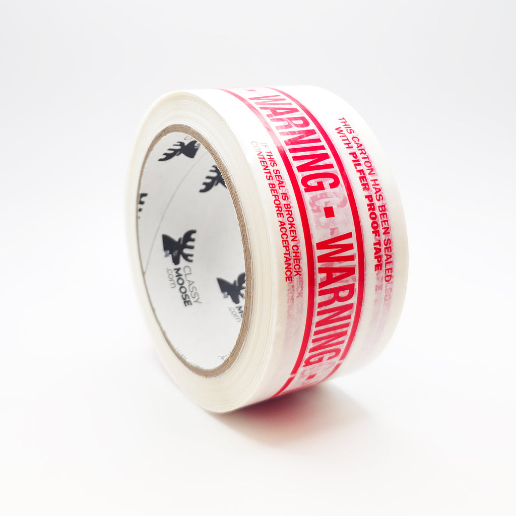 roll of white tape  on an angle with red messaging saying: this carton has been sealed with pilfer proof tape, warning, if this seal is broken check contents before acceptance