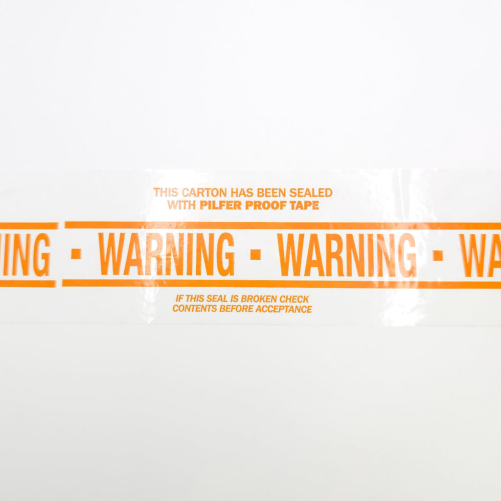 white tape with orange messaging saying: this carton has been sealed with pilfer proof tape, warning, if this seal is broken check contents before acceptance