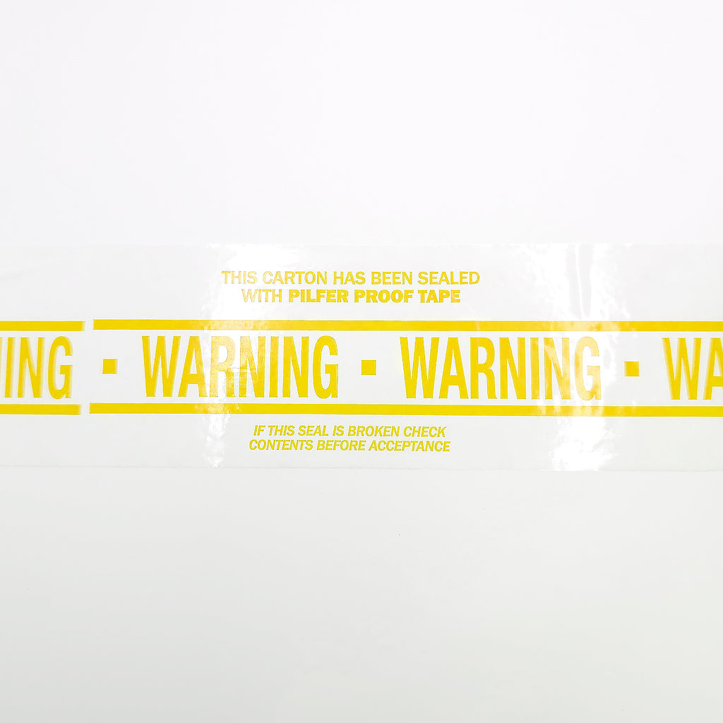 white tape with yellow messaging saying: this carton has been sealed with pilfer proof tape, warning, if this seal is broken check contents before acceptance